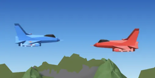 Base War, as drawn on its card in the app: a blue jet and a red jet facing off over the hills