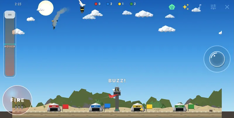 Classic: a jet buzzes the control tower at the airfield and BUZZ! pops up above it