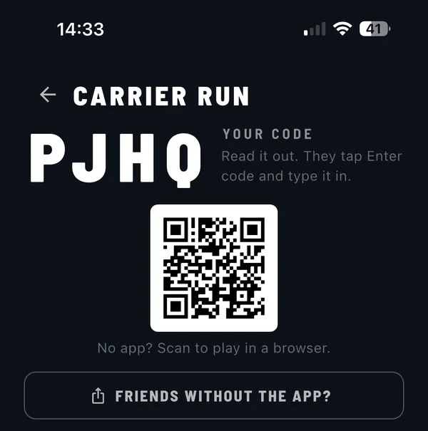 The app's new game screen: a big four-letter code, a QR code, and a Friends without the app? button