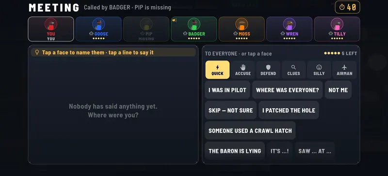 A Stratofortress meeting: the crew's faces along the top and a list of fixed phrases to tap