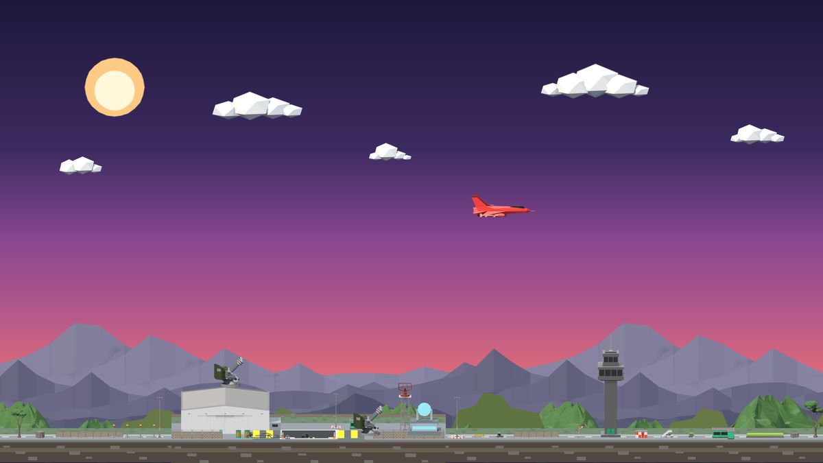 The airfield arena at dusk, with the control tower and a hangar