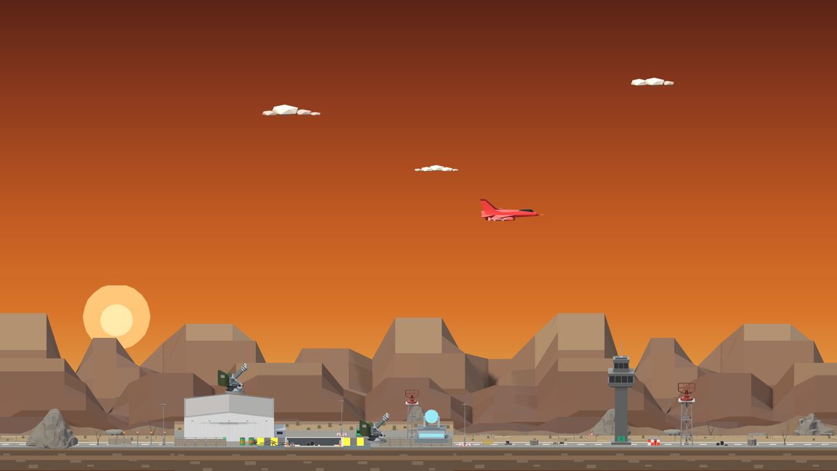 The desert arena at sunset, with a control tower