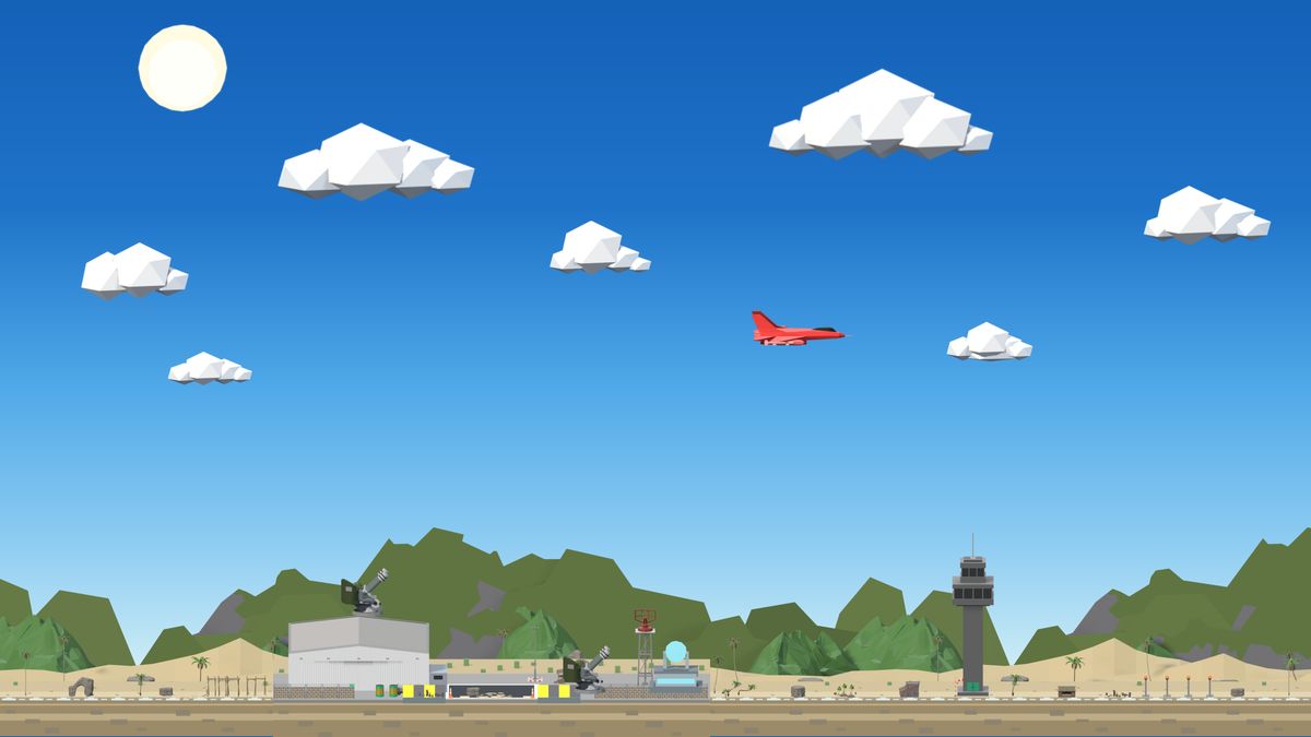 The island arena, with palm trees and a control tower
